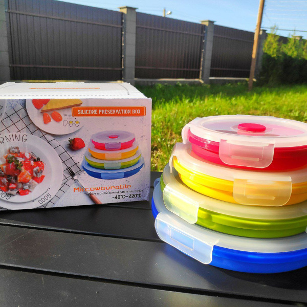 Набор круглых силиконовых контейнеров 4 шт. / Набор складных ланч-боксов (350мл, 500мл, 800мл,1200мл)